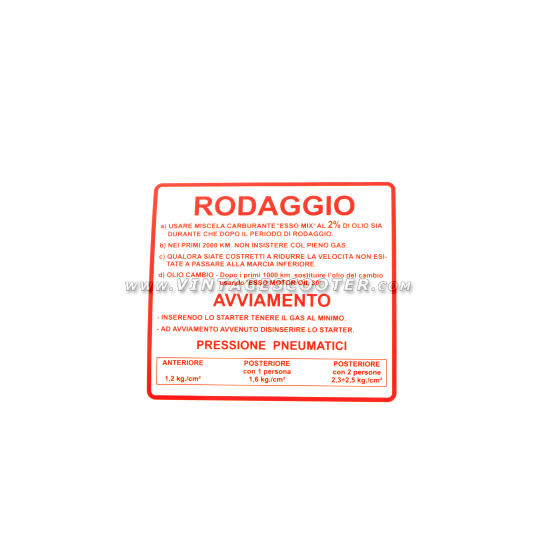 Étiquette de rodage adhésive 2% Vespa 50